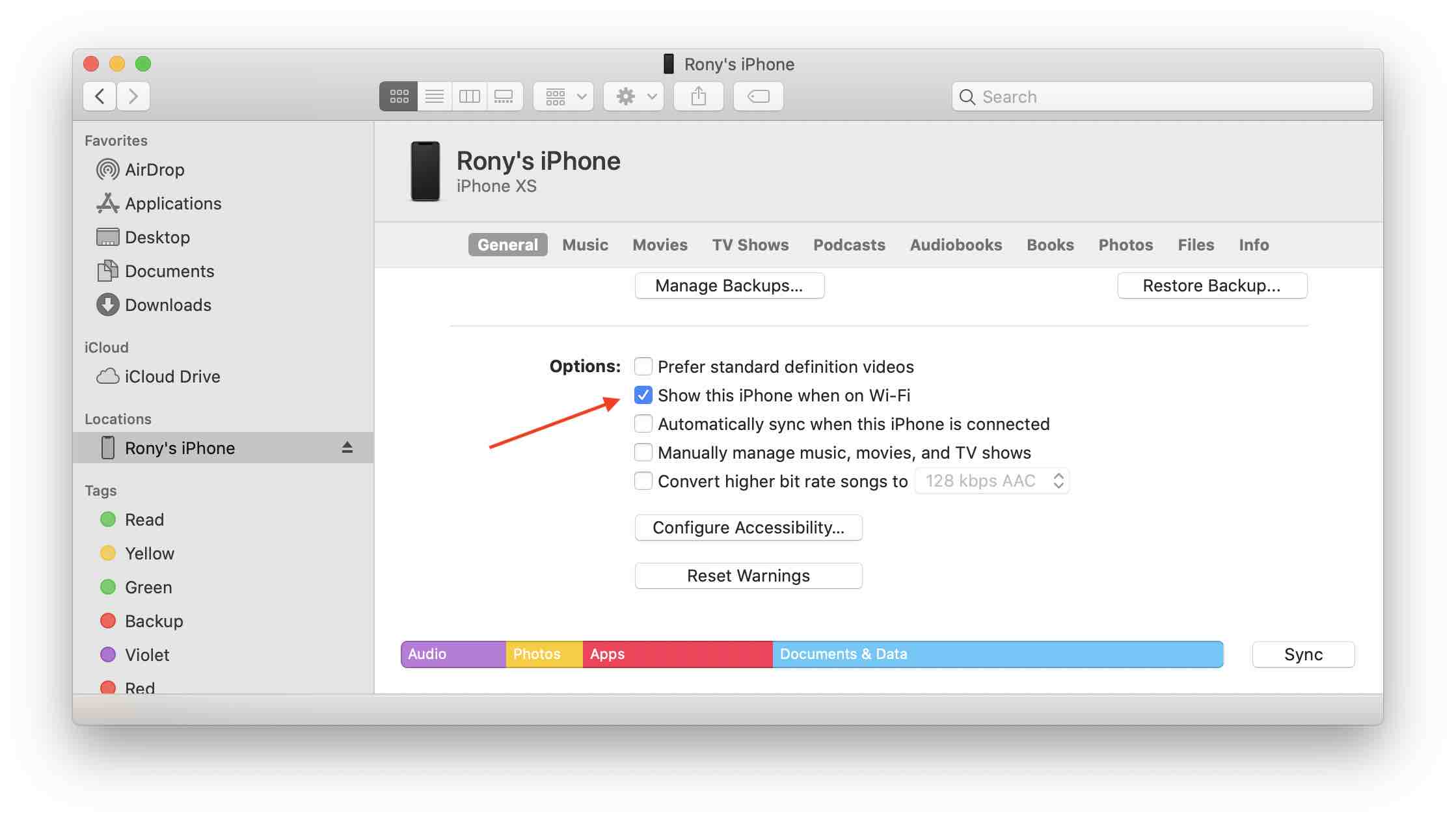Show this device when on Wi-Fi in Finder